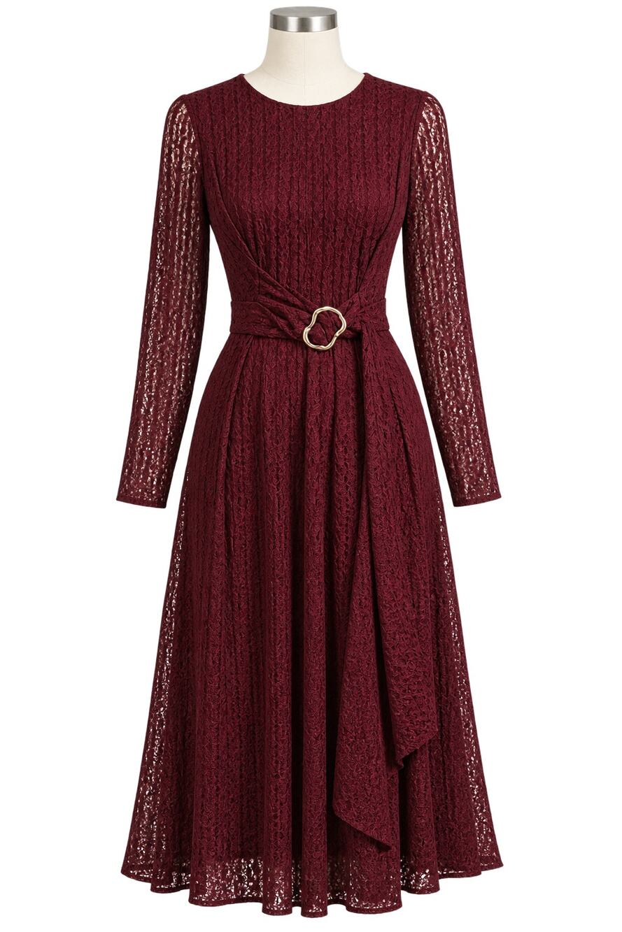 ASTR the Label Burgundy Lace Belted Long Sleeve Midi Dress - Size L